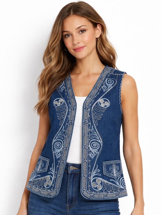 Coldwater Creek Jackets & Blazers - Coldwater Creek Navy Denim Vest with Gold Embroidery